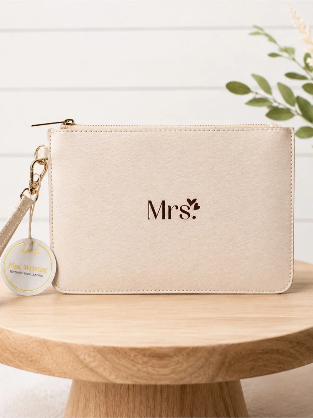 Mrs. Bridal Shower Wristlet Clutch Cream Faux Leather Wedding Purse NWT
